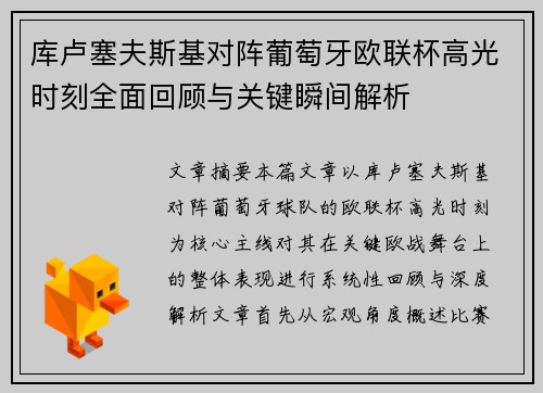 库卢塞夫斯基对阵葡萄牙欧联杯高光时刻全面回顾与关键瞬间解析